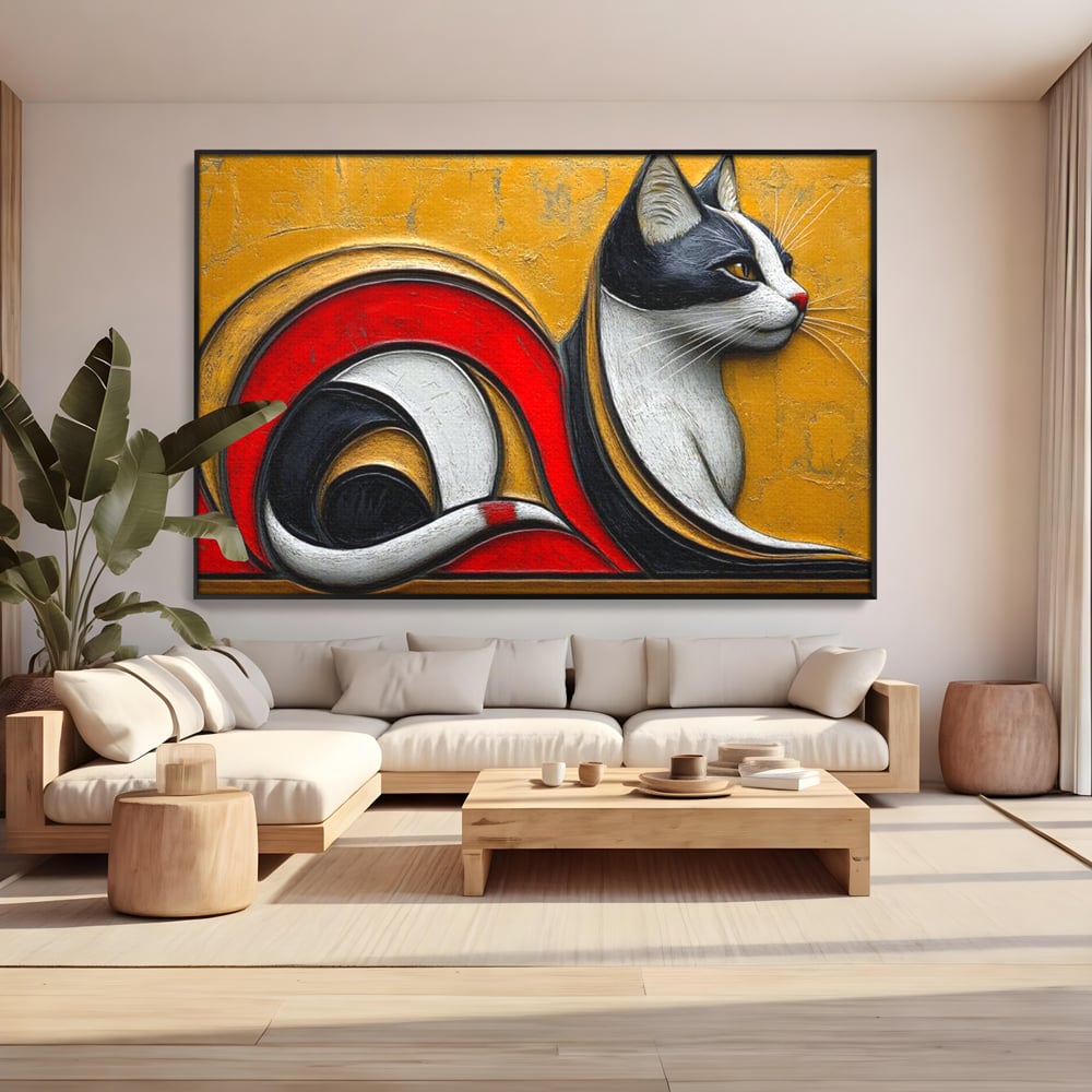 Tablou canvas cu tablou canvas cu pisica stilizata in profil, in rama de aluminiu negru, pe perete intr-un living